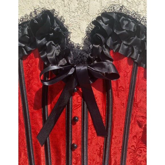 NWT BEDROOM STORIES Over-bust Corset Lace Up Boned Ruffles Womens S Red Black - Picture 10 of 13